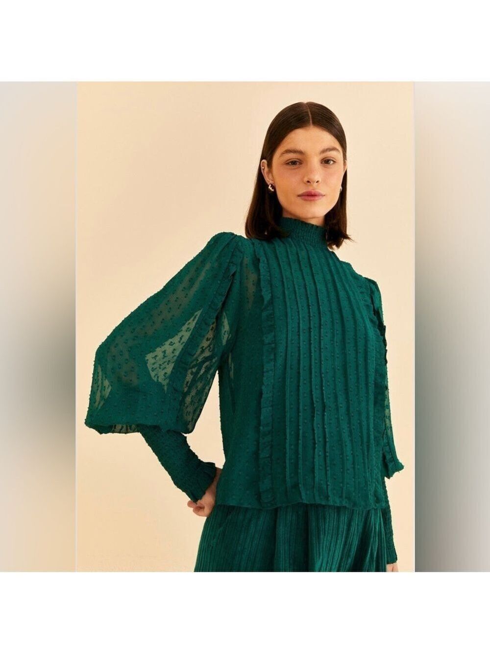 Farm Rio Emerald Ruffle Long Sleeve Blouse